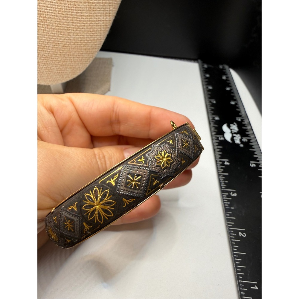 Vintage Damascene Bangle‎ Bracelet Gold Silver Tone Floral Geometric Hinged 7 In